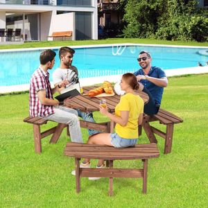 Ensemble de table de pique-nique en bois d'extérieur pour 6 personnes avec banc et trou pour parasol, cadre en aluminium léger, plateau en MDF - Product Image 4