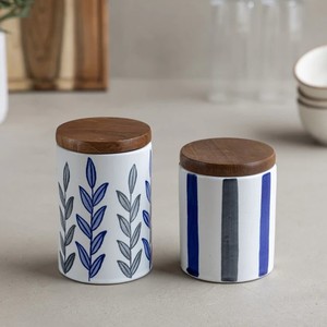 HotSelling Ceramic <b>Snack</b> Storage Jar With Wooden Lid Airtight Kitchen <b>Container</b> Stripe Design Durable Organizer Space Saving Use - Product Image 3