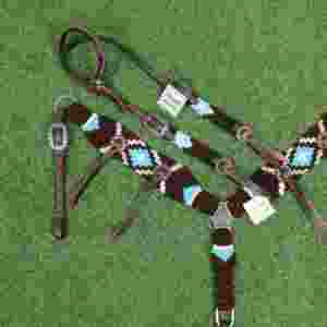 Juego de cabezada de mohair negro y azul cielo decorado con cincha frontal a juego de 32 pulgadas con cuero argentino - Product Image 3