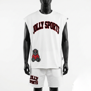 Conjunto de Camiseta sin Mangas y Pantalones Cortos para Hombre, 240 GSM, Jersey de Algodón Premium, Logotipo Bordado en Aplique, Blanco - Product Image 6