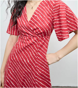 Vestido de Algodón con Rayas Rojas y Estampado Paisley, Corte en A - Product Image 3