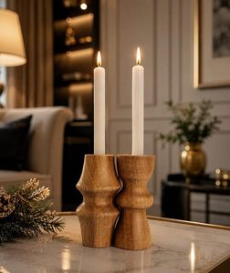 Handmade Durable Wooden <b>Tall</b> Candle Holder Set Polished Brown Round Candle Stands for Home Decoration Christmas Wedding <b>Table</b> - Product Image 2