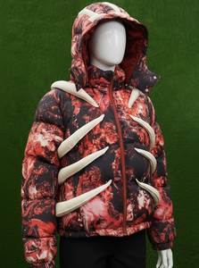 Veste matelassée à capuche pour homme avec motif imprimé 3D, couleur rouge et noir, coupe-vent, streetwear, style anglais, doublure en sherpa - Product Image 2