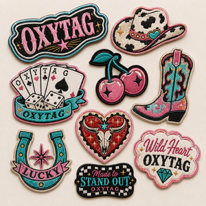 Ensemble de patchs brodés thermocollants Oxytag avec motifs de bottes de cowboy, de cœurs cerises et de cartes pour la décoration de vêtements à prix avantageux - Product Image 1