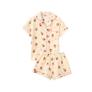Ensemble pyjama imprimé fraises pour femmes, manches courtes, short, 2 pièces, coupe ample, vêtements de nuit en coton, vêtements décontractés printemps-été - Product Image 1