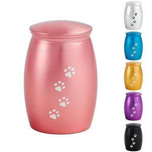 Pet Urn Teardrop Shape Stainless Steel Airtight <b>Dog</b> Memorial Pink With Paw Prints - Product Image 1