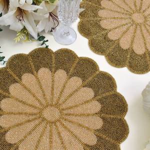 Handmade Knitted Floral Beaded <b>Placemat</b> Beaded Charger Beaded Table Mat <b>Gold</b> Centrepiece Eco-Friendly Home Hotel Gift for Her - Product Image 4