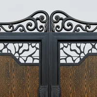 Portail Principal Moderne de Luxe en Fer Forgé avec Panneaux Décoratifs en Métal et Finition Bois, Portail d'Entrée Résidentiel Élégant