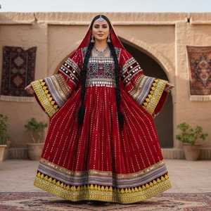 บริการ OEM ชุดเดรสยาวแบบอัฟกานิสถานโบราณ แต่งลูกไม้ ทรงเอไลน์ 3 ชิ้น ชุดกางเกงขายาว ซิปแบบเรียบ กระดุมพู่ห้อยเหรียญโบราณ - Product Image 3