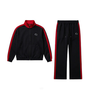 Ensemble de survêtement vintage en coton épais à rayures pour homme, avec veste athlétique à col montant et fermeture éclair intégrale, et pantalon de survêtement à jambes larges, personnalisable avec logo - Product Image 5