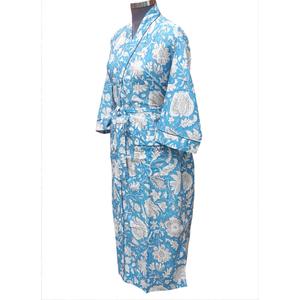 Boho Style Women Floral Printed <b>Kimono</b> <b>Robe</b> <b>Long</b> Sleeve V-Neck Full Length 100% Cotton Soft Bathrobe Sleepwear Classic Front - Product Image 2