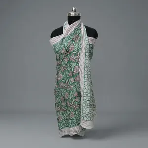 Hand Block Printed Cotton <b>Sarong</b> Green Floral Beach Wrap Scarf Lightweight Summer Cover Up for Women Resort Travel Wear - Product Image 4