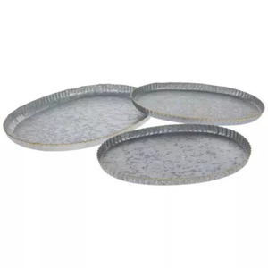Juego de 3 bandejas ovaladas de metal galvanizado con bordes festoneados, decorativas, de hierro vintage, para decoración del hogar y eventos. - Product Image 1