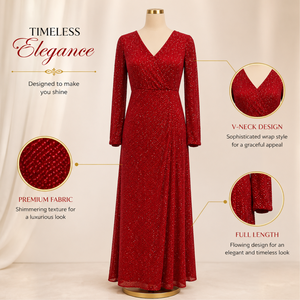 Women Red <b>Sequin</b> Maxi Dress Long Sleeve V Neck Wrap Style Elegant Sparkle Evening Gown Party Wedding Formal Cocktail Occasion - Product Image 5