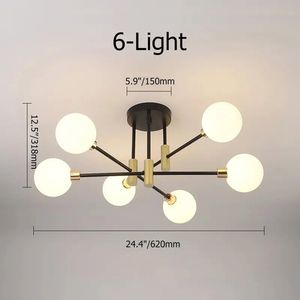 Lampadario moderno a 6 luci con montaggio Semi-filo in vetro bianco - Product Image 5