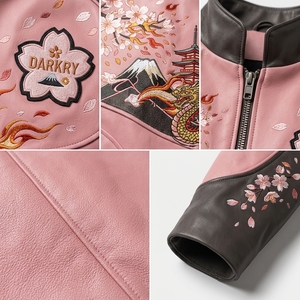 Men's <b>Pink</b> Leather Bomber <b>Jacket</b> With Cherry Blossom Embroidery And Mount Fuji Design Spring Japan Style Turn-down Collar Zipper - Product Image 6