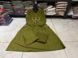 Women Cotton Viscose Anarkali Kurta Pant Dupatta Set Embroidered Ethnic Outfit V Neck Party <b>Wedding</b> Wear Summer Autumn Winter - Product Image 4