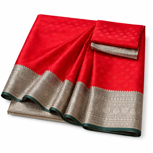 Sari de Seda Brocada Roja Intensa con Borde de Zari Plateado, Tejido Tradicional Banarasi, Protección Solar para Bodas y Eventos Festivos - Product Image 1