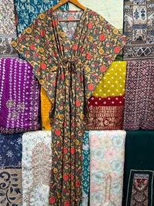Handmade Cotton Floral Kimono Robe Oversized <b>Kaftan</b> Casual Dress Feather Trim Sustainable Natural Waist All Season Lounge Wear - Product Image 1
