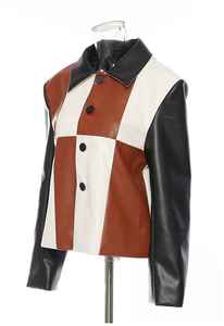 Hot Sale Customise British Style Cropped Button Plaid PU Baseball <b>Jackets</b> <b>Blazer</b> <b>Leather</b> <b>Jacket</b> For Women - Product Image 5