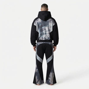 <b>Mens</b> <b>Black</b> Silver <b>Tie</b> Dye Color Block Zip Hoodie Wide Leg Pants Tracksuit Set Custom Streetwear Casual Fashion Look - Product Image 2