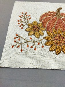 Luxury Hand <b>Beaded</b> Pumpkin <b>Placemat</b> with Floral Harvest Design Handmade Seed Bead Table Mat Thanksgiving Fall Decor - Product Image 3
