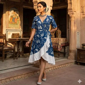 Vestido Midi Azul con Estampado Digital Ikat, Cuello en V, Corto, de Algodón, Verano, Étnico, Bohemio, Indio, Artesanal, Cintura Natural, Lavable - Product Image 1