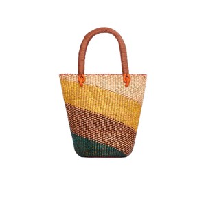 Diagonal Striped Seagrass <b>Handbags</b> Leather Handle Woven Straw Tote Bag Fashion Women <b>Summer</b> Beach Purse OEM ODM - Product Image 1