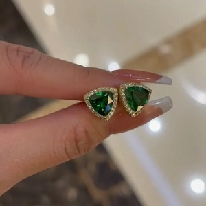 New Design 925 Moissanite Diamond <b>Stud</b> <b>Earrings</b> 4 Prong Setting 2.0 Carat Trillion Cut <b>Emerald</b> Green Sterling Silver Yellow Gold - Product Image 4