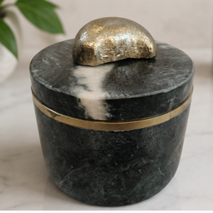 Pot décoratif rond en pierre noire avec bande dorée et bouton en forme de feuille, décoration minimaliste pour la maison - Product Image 5