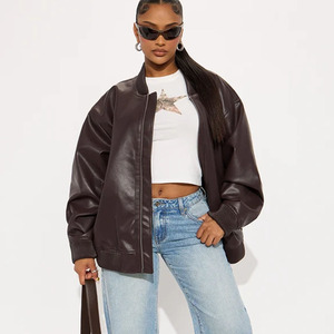 Blouson Bomber Marron en PU pour Femme, Décontracté, Fermeture Éclair, Coupe Ample, Col Rabattu, Couleur Unie, Idéal Automne - Product Image 4