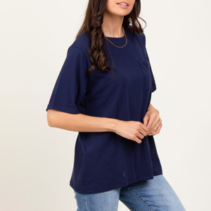 Camiseta de Mujer con Cuello Redondo, Manga Corta, Color Azul Marino, 100% Algodón, Transpirable, ODM, con Bolsillo Delantero, Bordado Personalizado, Camiseta Estampada para Mujer - Product Image 3