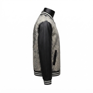 Blouson universitaire vintage abordable pour homme, délavé à l'acide, avec manches en cuir personnalisées, motif oiseau en strass, style bomber Letterman, streetwear - Product Image 3