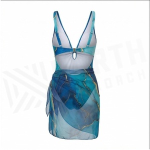 Women's Blue Gradient Chiffon Swimdress Deep V Neck Twist Front Draped Wrap <b>Skirt</b> 2 Piece <b>Set</b> Tummy Control Shapewear Beachwear - Product Image 2