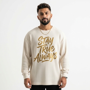 <b>Long</b> Sleeve Printed <b>Tshirts</b> Casual Loose Fit Drop Shoulder Waffle T-Shirts 100% Cotton O-Neck Oversize Summer Fashion Wear Tee - Product Image 2
