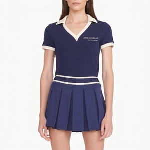 Pickleball Women's V-Neck Polo Collar Knitted Polyester/Cotton Sport <b>Set</b> Short Sleeve Polo Pleated Knee Skirt Solid Breathable - Product Image 1