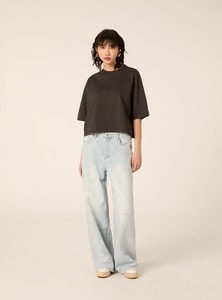 T-shirt court noir minimaliste pour femme, manches courtes, col rond, décontracté, en coton, coupe ample, streetwear, haut d'été quotidien - Product Image 4