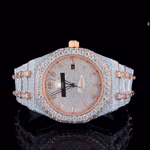 Reloj de Lujo con Incrustaciones de Moissanita, Tono Oro Rosa y Plata, Esfera Completamente Pavimentada, Estilo Hip Hop, Reloj de Pulsera Unisex - Product Image 1