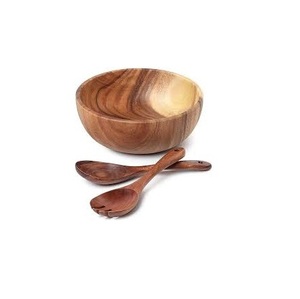 Juego de Tazones de Ensalada de Madera de Acacia Ecológicos al por Mayor, Tazones Redondos Grandes de Madera para Servir con Cuchara, Tenedor y Utensilios para Restaurantes - Product Image 1