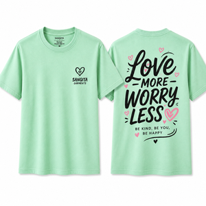 T-shirt décontracté pour homme vert menthe à manches courtes et col rond, 100 % coton en tissu éponge, imprimé par transfert thermique, écologique, motif « Love More Worry » - Product Image 1