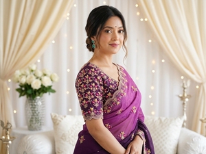 Sari de Seda Morado Bordado de AARA Fashion para Mujer, Estilo Tradicional Indio/Pakistaní, Largo hasta el Suelo, Corte Regular, para Adultos - Product Image 3