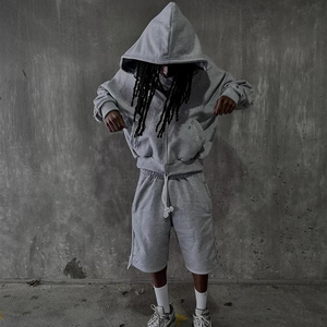 Ensemble de survêtements en coton épais personnalisés pour hommes, en molleton bouclette, délavé à l'acide, comprenant un sweat à capuche court zippé et un short de survêtement - Product Image 2