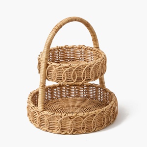 Round rattan 2 tier fruit basket stands decorative <b>storage</b> <b>unit</b> table top & counter organization - Product Image 1