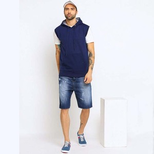 Sudadera con Capucha sin Mangas para Hombre, Color Sólido, Algodón, Estilo Casual con Bolsillo, Corte Regular, Azul Marino - Product Image 4