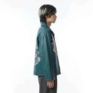 Men's Chinese Style <b>Real</b> <b>Leather</b> <b>Jacket</b> Hand Embroidery Dragon Pattern Stand Collar Zipper Closure Winter Wear Moto Style - Product Image 3