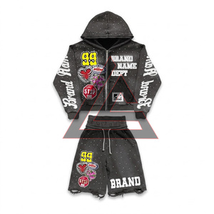 Custom Manufactured Heavyweight Short <b>Set</b> Baggy Double Waist Shorts Embroidery Dirty Washing Sweat Short and Hoodie <b>Set</b> for Men - Product Image 3