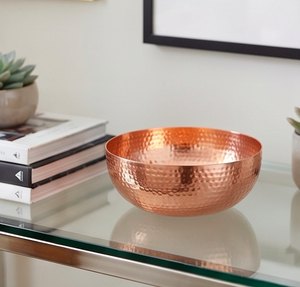 Bol de service en cuivre martelé, fait main, vaisselle en métal poli, design moderne, plat rond pour salade et aliments - Product Image 4