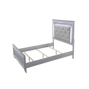 Modern King LED Faux Leather Upholstery <b>Panel</b> Bed Beveled <b>Mirror</b> Accents Textured Footboard Silver Beige Finish Up-Holstered Bed - Product Image 4