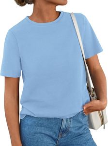 Haut court tricoté en coton bleu à col rond et manches courtes pour femme, coupe régulière, couleur unie, respirant, écologique, séchage rapide - Product Image 6