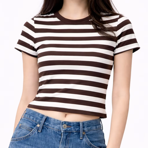 Camiseta de Mujer Casual con Cuello Redondo, Corte Ajustado, Transpirable, con Rayas, Impresión Serigráfica, Alta Calidad de Algodón, Secado Rápido - Product Image 1